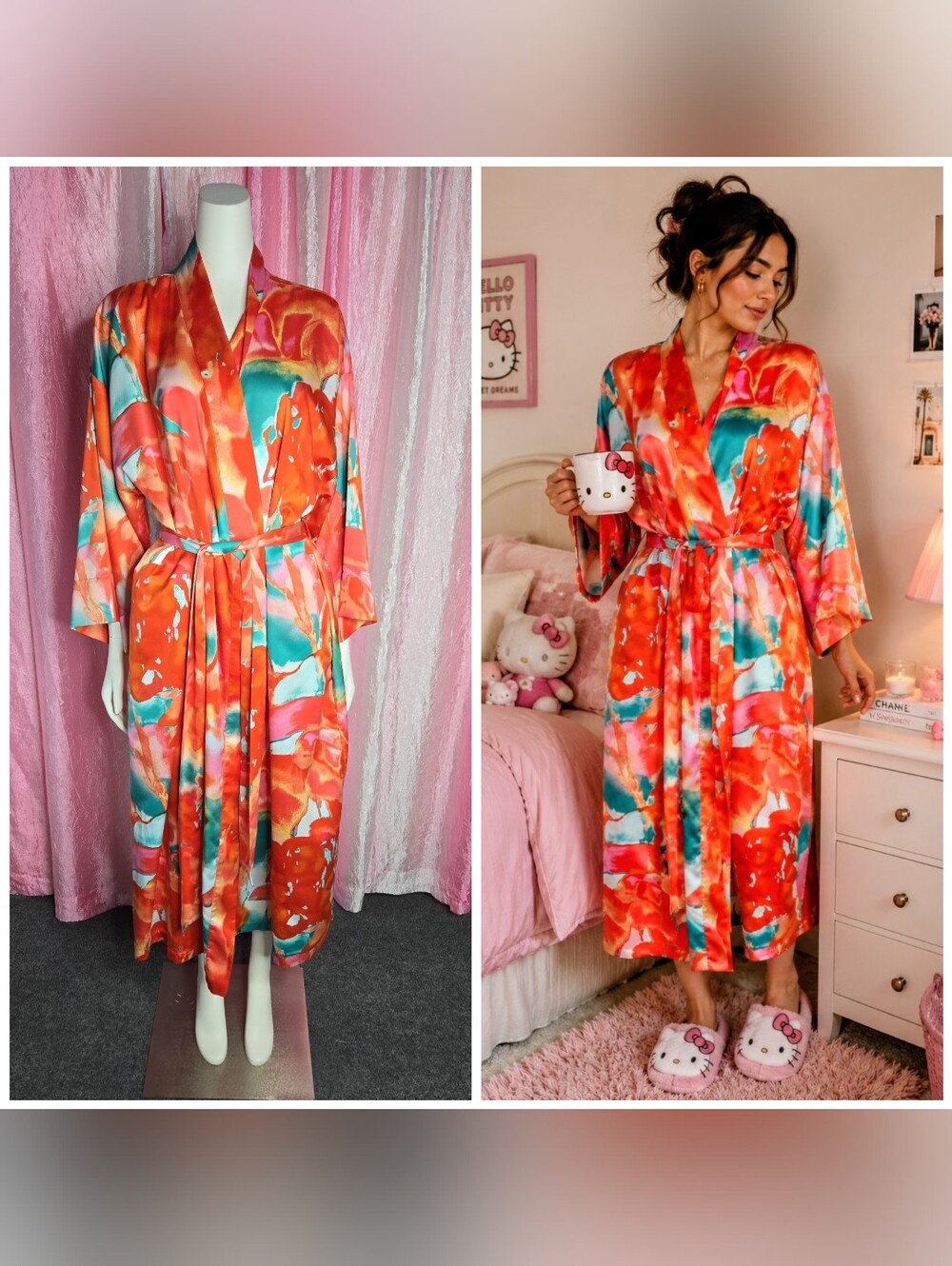 Natori Vibrant Satin Watercolor Belted Kimono Robe Size XL